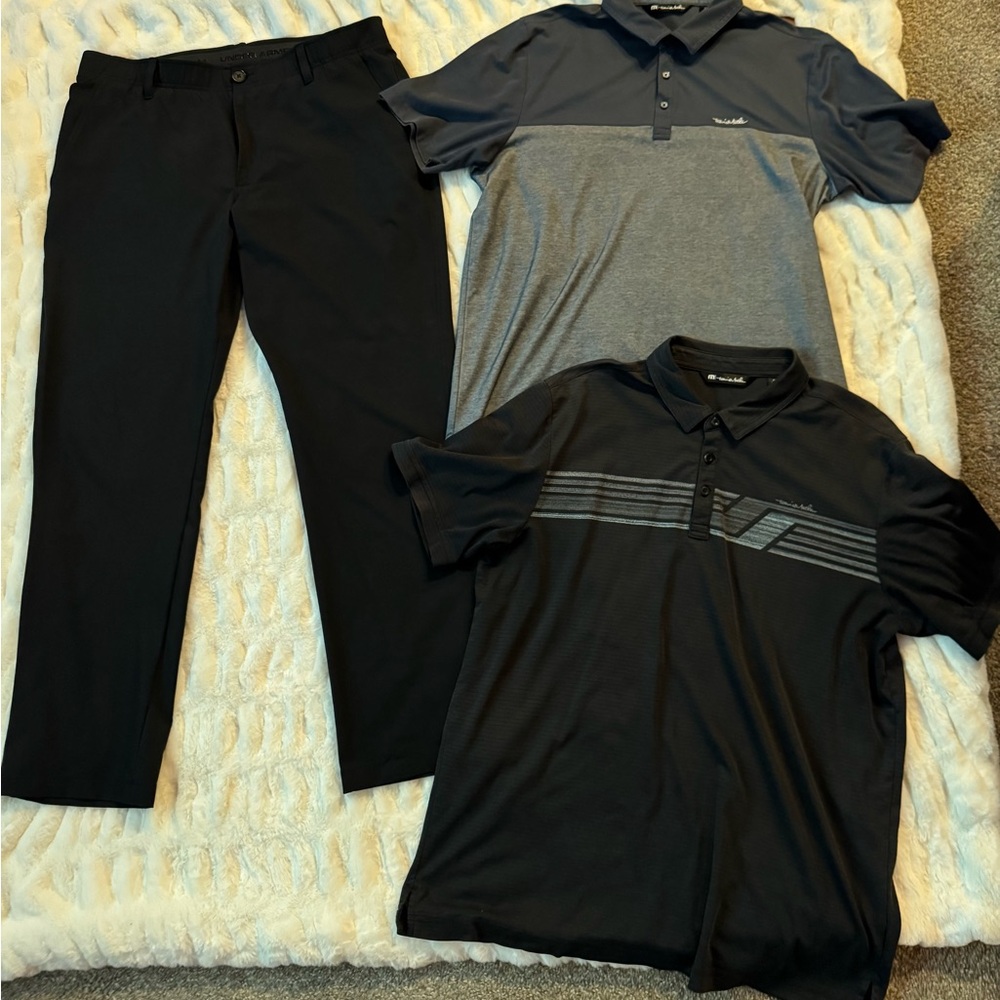 Under Armour Black golf pants and 2 Travis Mathews Polo Shirts